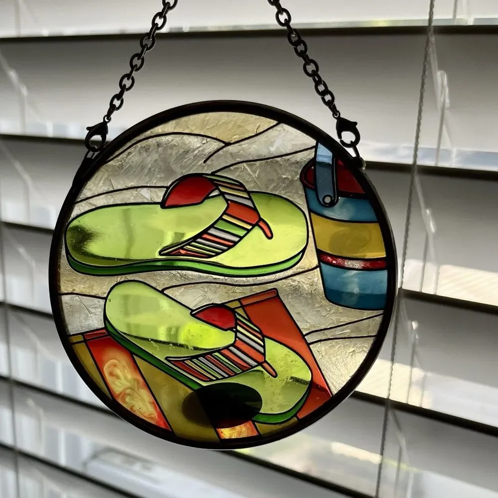 Set of 2 Amia Hand Painted Glass Flip Flop Beach Suncatchers 3.5” Hanging Decor